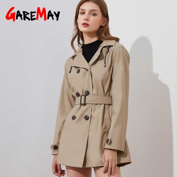 

autumn winter women's leather trench coat with hood black khaki pu faux belt winter trench jacket for women long sleeve 211011