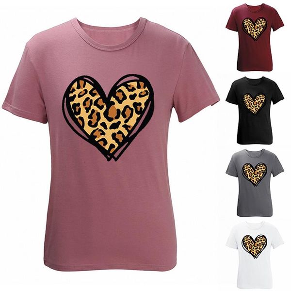 

women's fashion casual leopard print valentine's day love letter short sleeve t-shirt top, White