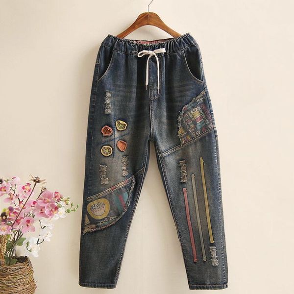

women's jeans 2021spring autumn women embroidery retro high waist nine points cowboy trousers large size denim harlan pants femme126, Blue