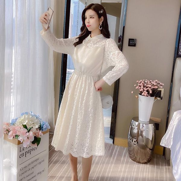 

casual dresses dress french women's spring clothing 2021 style korean-style online celebrity mid-length over-the-knee lace fairy, Black;gray