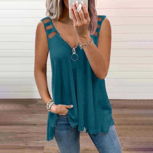 

zipper v neck solid color sleeveless vest t shirt women casual loose hollow shoulder strap fashion streetwear tee shirts 210604, White