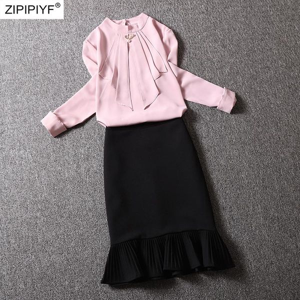 

office ladies elegant women dresses chiffon long sleeve pearls beading bow design blouse black fishtail bodycon skirts z375 women's two, White