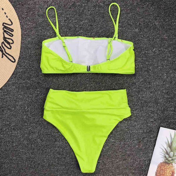 

neon green heart print high waist 2021 women bandeau swimsuit knotted swimwear two-pieces bikini set bather bathing suiting