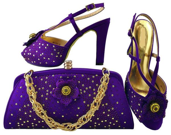 

beautiful purple shoes match bags series with rhinestones flower decoration african and handbag set for dress mm1040, Black