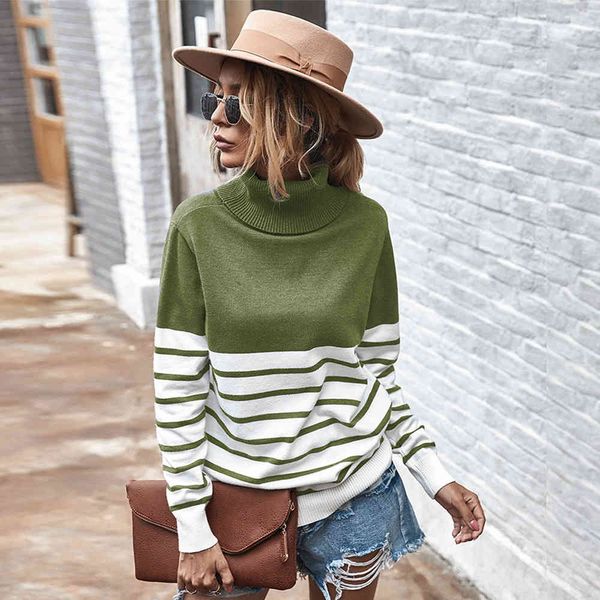 Turtleneck Malha Stripe Stripe Pullovers Feminino Verde Oversized Jumper Casual Básico Outono Inverno Pell Femme 210415