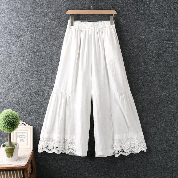 

women's pants & capris spring sweet small fresh elastic waist water-soluble embroidery cotton and linen wide-leg loose cropped trousers, Black;white