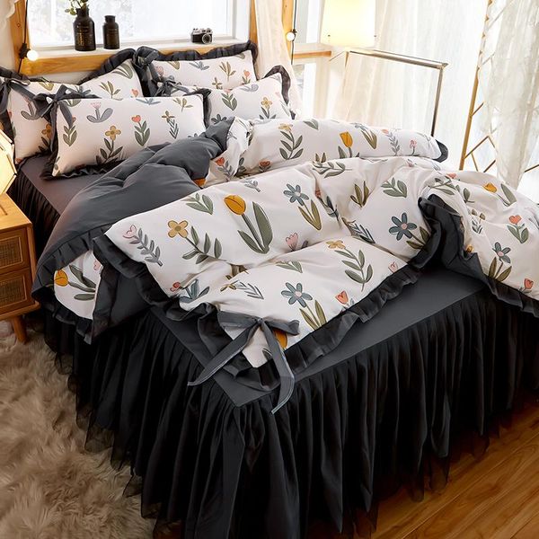 

bedding sets romance black lace set full  king size bedspread wedding white duvet cover pillowcase girl princess bedclothes