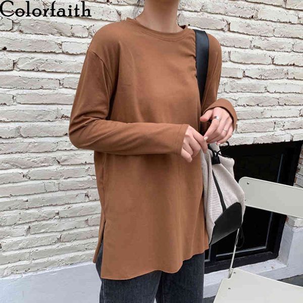 

colorfaith new women spring autumn t-shirt solid bottoming basic oversize wild fashionable minimalist hem split t3710 210413, White