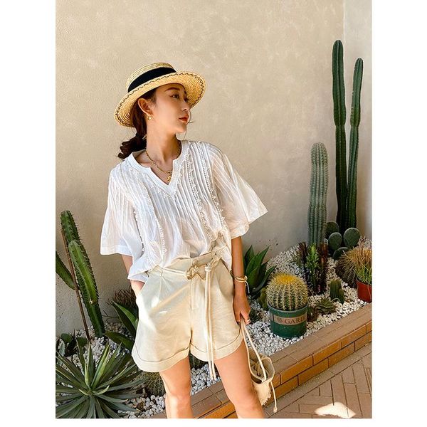 

women's blouses & shirts lady solid color t-shirt summer casual loose half sleeves v-neck basic all-match female pullovers 2021, White