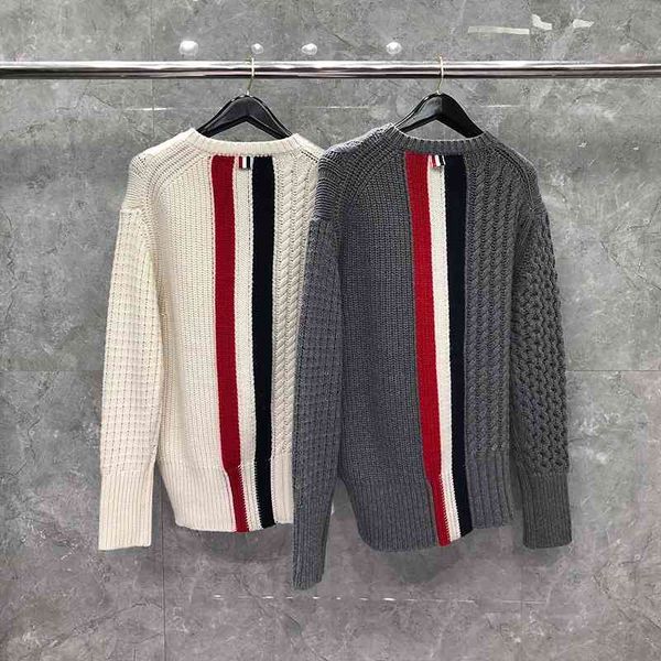 

tees fashion tb thom brand sweaters men slim fit o-neck pullovers clothing striped spliced 100% wool thick winter casual coat, White