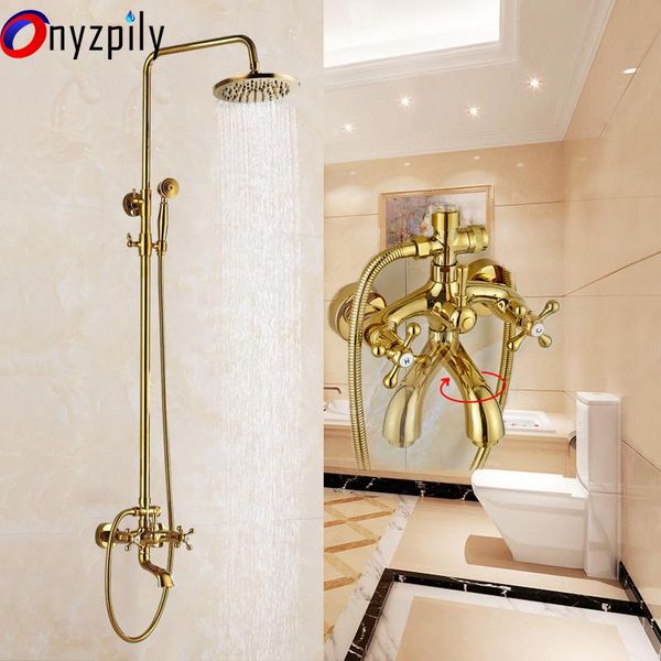 

golden bath shower mixers 8" rainfall faucet set wall mounted with hand bathroom rain column tap sets