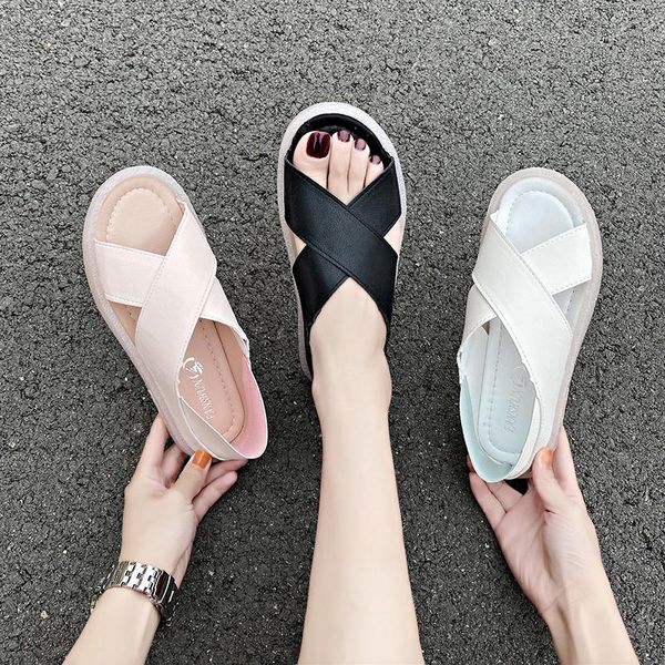 

slippers summer women casual shoes female rome retro thick bottom open toe sandals beach slip on slides flats soft walking, Black