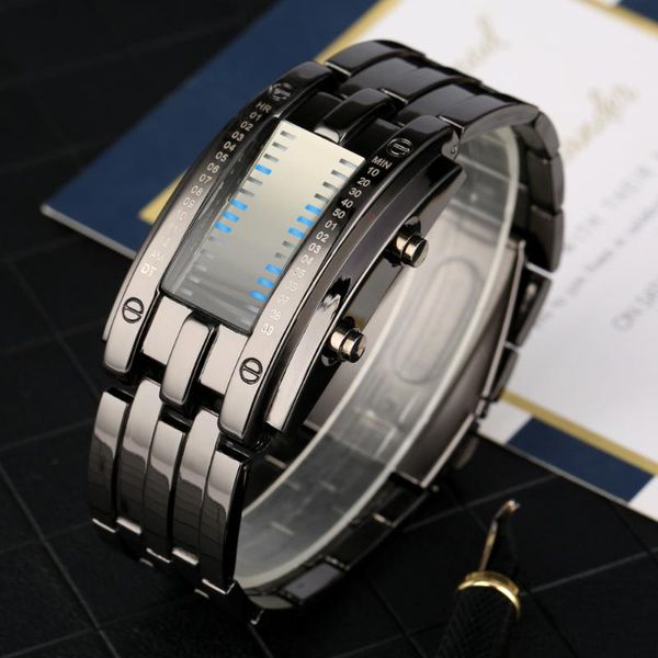 

wristwatches explosions double row lights binary led electronic watches digital clock male fashion luxury stainless steel band wristwatc, Slivery;brown