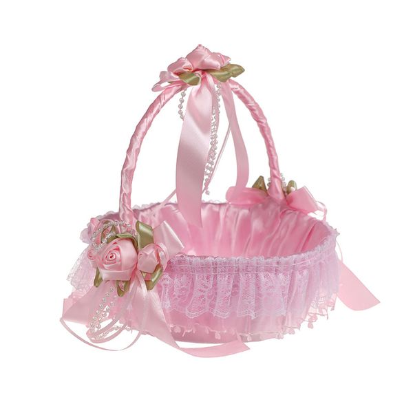 Cor-de-rosa elegante laço flor menina cesta bonita redonda cetim seda favores casamento acessório partido decoração H5658