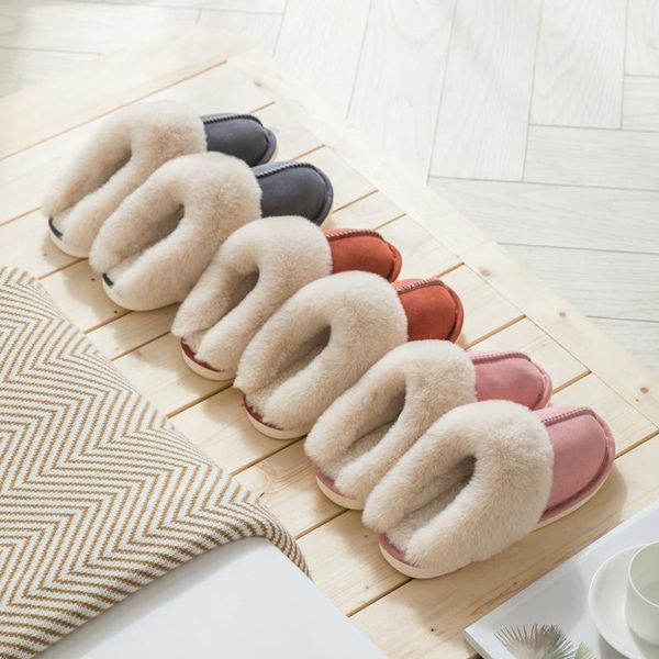 

slippers luxury faux suede home women full fur winter warm plush bedroom non-slip couples shoes indoor ladies furry, Black