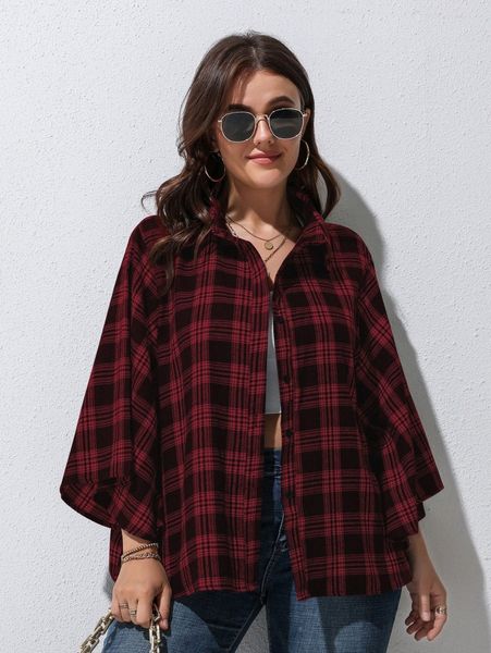 

plus tartan print buttoned blouse v3h9#, Black