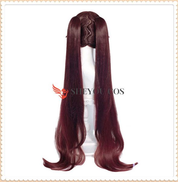 43 polegadas 110cm Long Brown Cosplay Hu Tao peruca com rabo de cavalo Genshin Impacto Hutao Heat Resistant Sintetic Hair + Cap Y0913