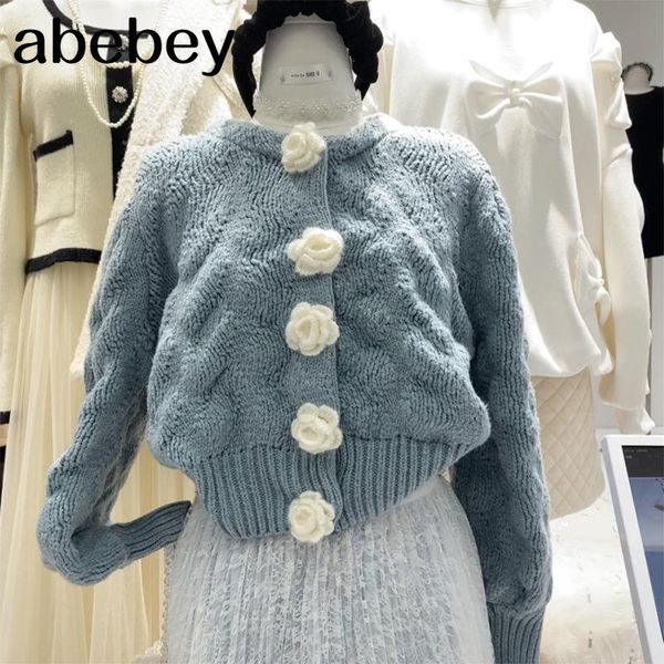 

women's knits & tees plus size women fashion autumn winter twist knitted short jacket loose cropped sweater flower buttons cardigan fem, White