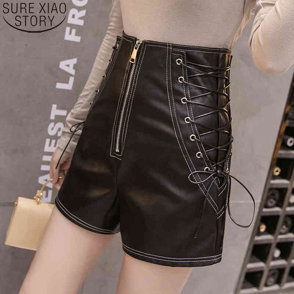 

simple fashion wide leg pu leather black high waist autumn strap shorts women short trousers female 12546 210417, White;black