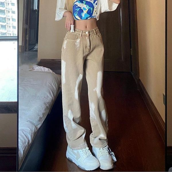 

women's jeans design sense retro high street paint tie-dye washed gradient denim trousers waist loose straight casual pants trend, Blue