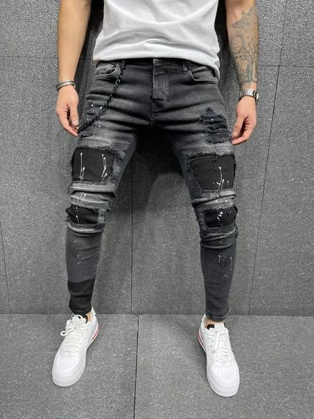 

men's jeans man trousers street style ripped skinny biker black distressed slim-fit pencil pants patchwork denim, Blue