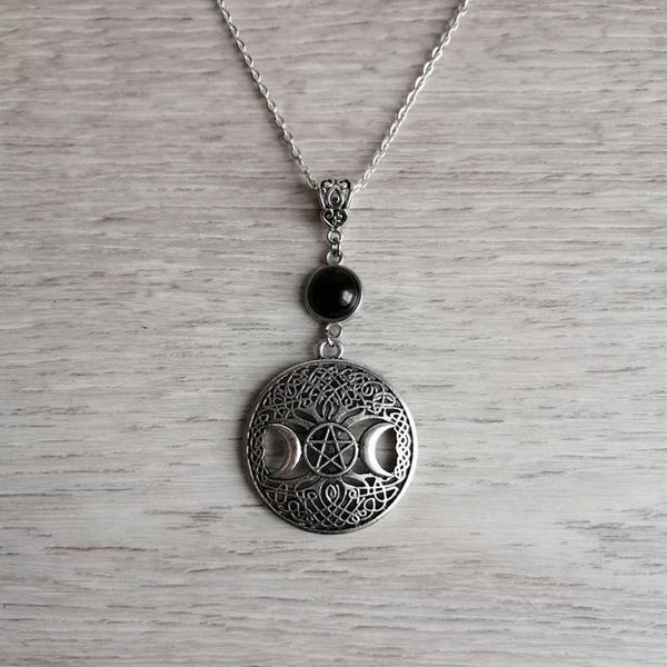 

pendant necklaces women triple moon pentagram necklace, black onyx natural stone,celtic,wicca ,witch charm jewelry gifts for friends, Silver