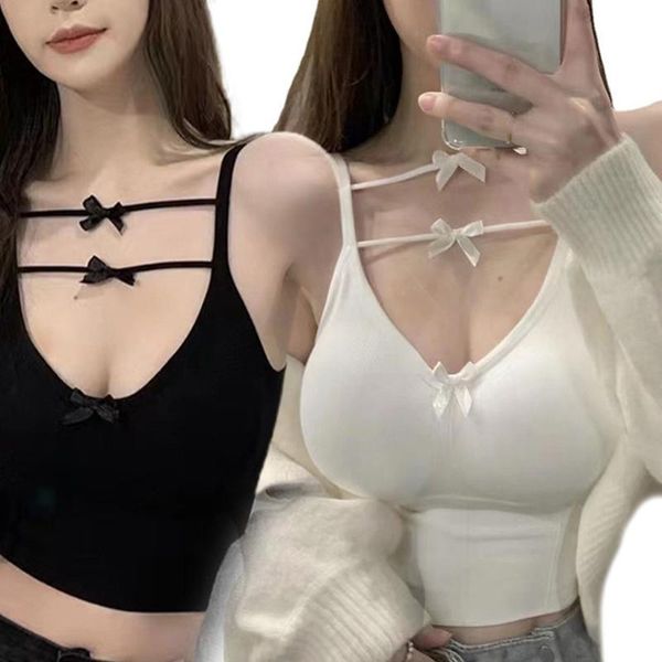 

women's tanks & camis women double bandage bow camisole crop spaghetti strap ribbed underwear, White