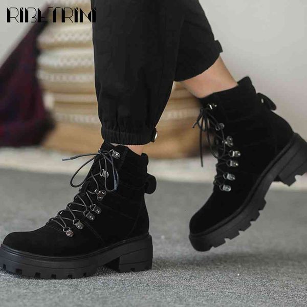 

boots buckle square heel motocycle shoes genuine leather platform lace metal ankle women casual boots, Black