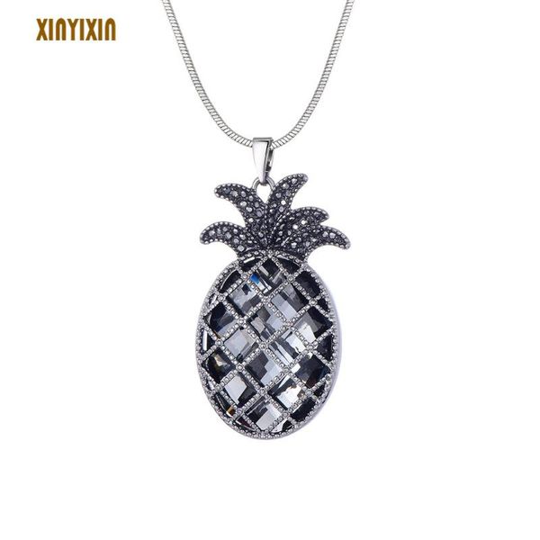 

pendant necklaces color crystal pineapple necklace for women gold grid rhinestone glass long summer fruit fashion jewelry gift, Silver