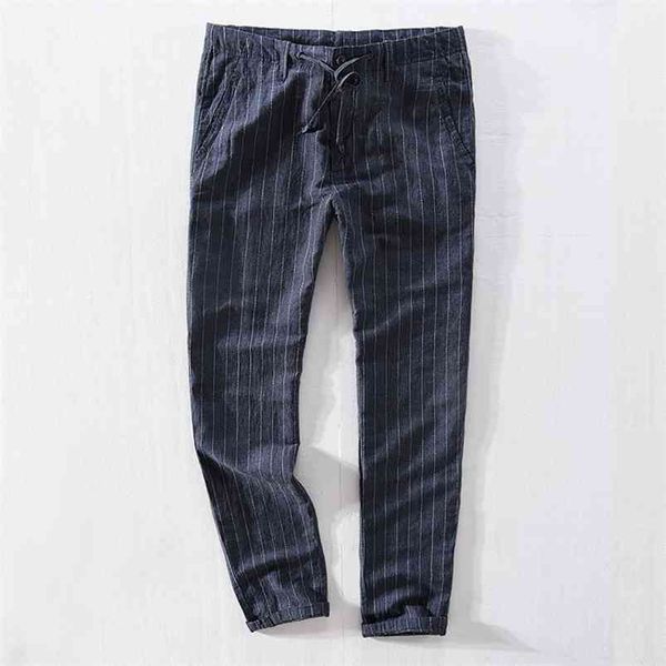 

men spring autumn fashion brand japan style vintage striped cotton linen straight pants male casual loose thin trousers 210715, Black