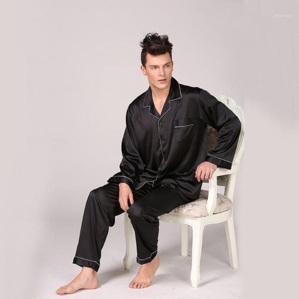 

men's sleepwear long sleeve silk pajamas spring men summer pajama sets pijama pyjamas plus size 3xl 100kg nightwear set, Black;brown