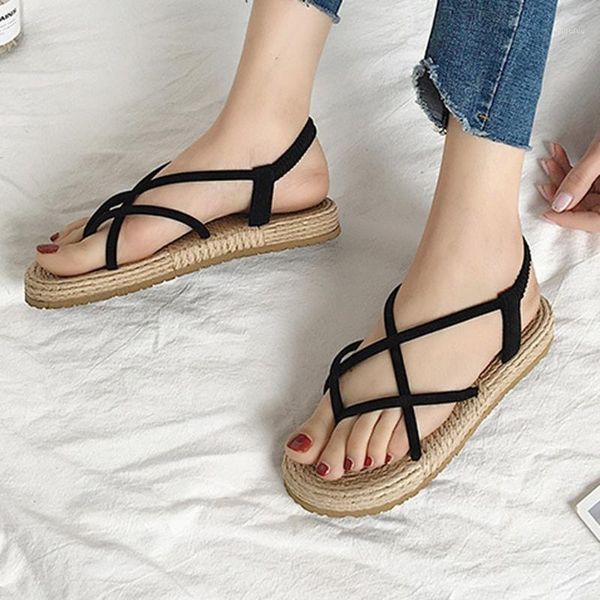 

sandals women's summer fashion outdoor large size woven flat women non-slip beach shoes ladies roman style buty damski#31 68qr, Black