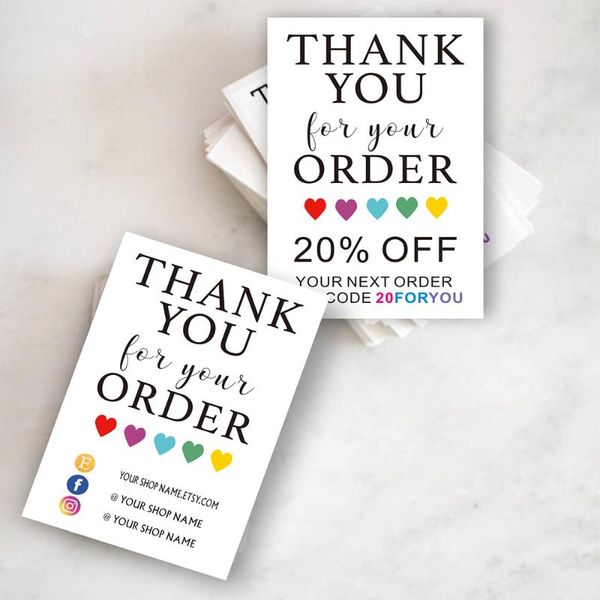 

personalised thank you for your order business card makers with custom social media or coupon code greeting cards