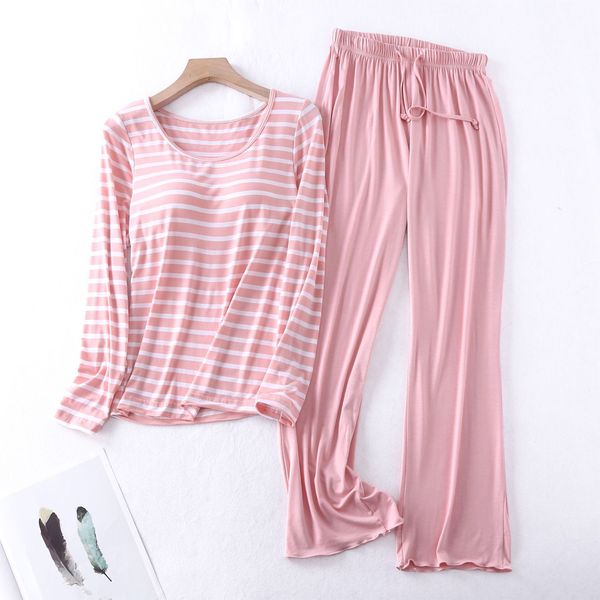 

cotton pajamas sets women with bra pad long sleeve striped night wear cute loose pijama mujer sleepwear autumn winter homewear, Black;red