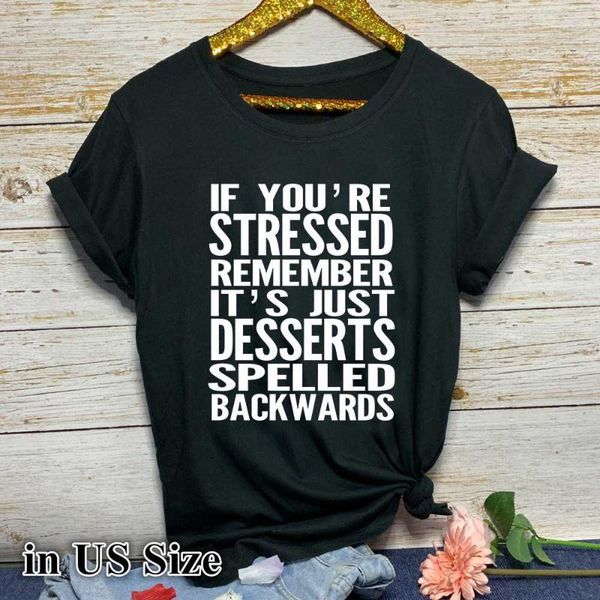 

women's t-shirt print graphic breathable cotton round neck short sleeve tee stressed remember it's just desserts spelled bac, White