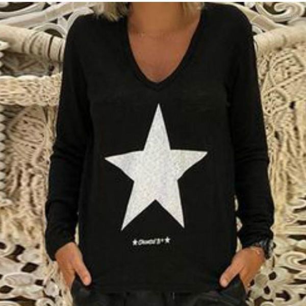 

women's t-shirt summer women long sleeve casual star printed loose tee shirt, White