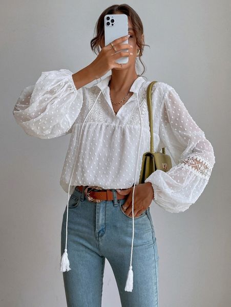 

swiss dot embroidery mesh insert lantern sleeve tassel tie blouse o5cj#, White