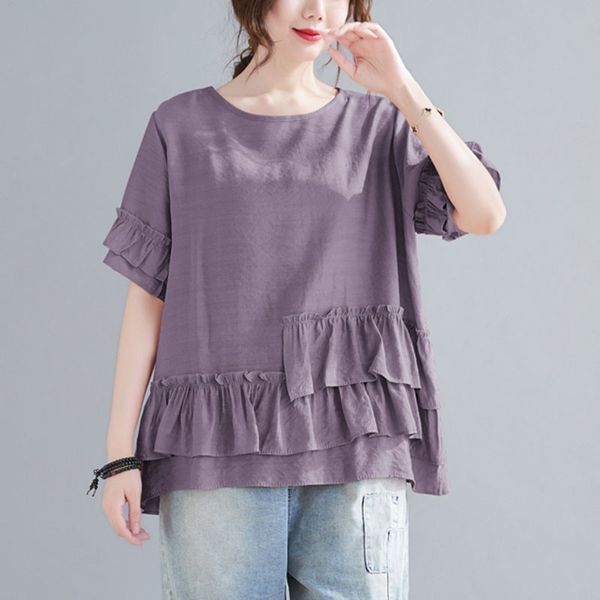 

women summer casual t-shirts new arrival simple style o-neck ruffles solid color loose comfortable female tees s3637 210412, White