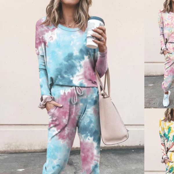 

2pcs tie dye jogger women sleepwear suit long sleeve round neck pants loungewear sleep pajamas for, Black;red