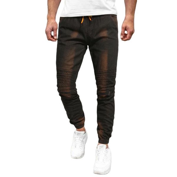 Herren-Jeans, einfach, lässig, mit mehreren Schnürungen, plissiert, Zehenbindung, Design, Bleistift, Schwarz, Blau, lässige Hose