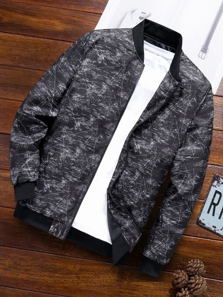 

men geo print zip up bomber jacket without tee n5ll#, Black;brown