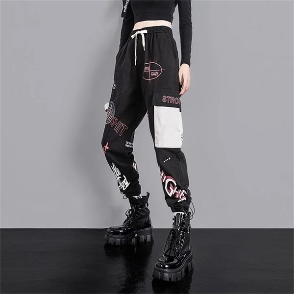 

high waist women loose cargo pants handsome pattern print streetwear trousers plus size woman casual jogger pant 210915, Black;white