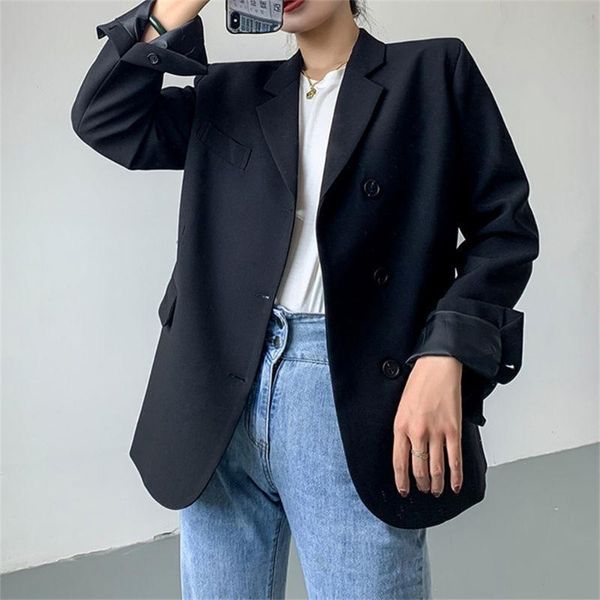 

women's suits & blazers hzirip autumn office lady solid vintage full sleeves jackets 2021 casual plus size ol retro loose coats, White;black
