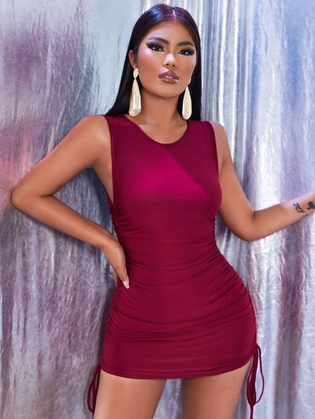 

solid drawstring ruched bodycon dress s2c2#, Black;gray