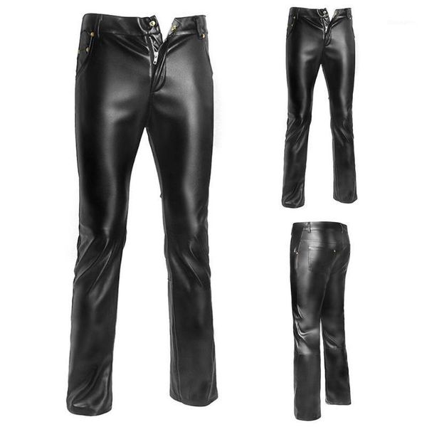 Jeans masculinos noturna clube motocicleta motociclista homens faux couro lápis calças longas calças longas