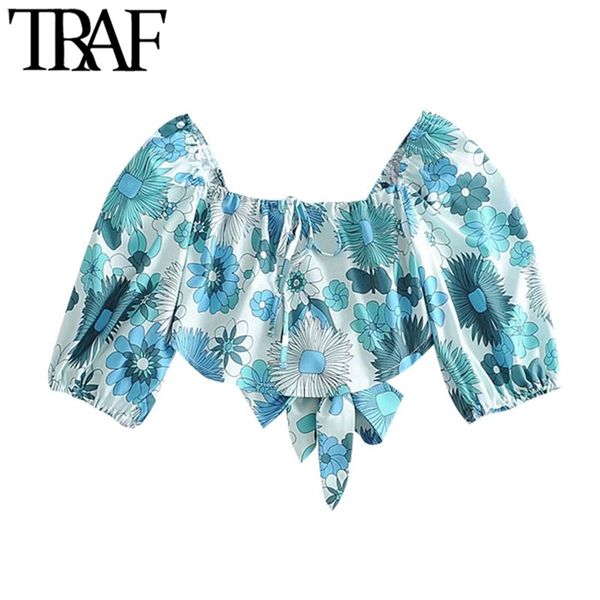 

women fashion floral print cropped blouses vintage backless bow tied summer beach female shirts blusas chic 210507, White