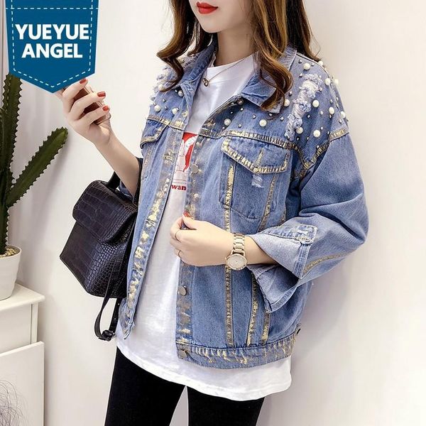 

women's jackets casual spring long sleeve single breasted womens denim korean vintage lapel embroidered flares hole ripped loose coats, Black;brown