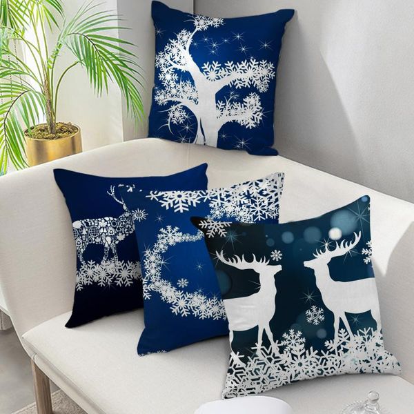 Kissen/dekoratives Kissen Weihnachtsdekorationsabdeckungen Blauer Kissenbezug weißer Elchbaum -Schneeflocken -Druck Kissen für Sofa -Auto -Kissen C.