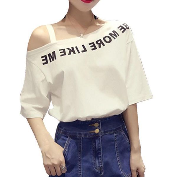 

summer casual printed streetwear women one shoulder strap tee, White
