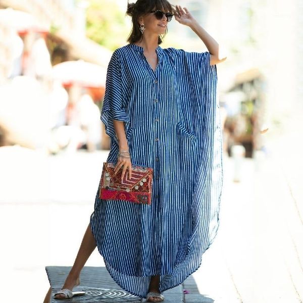 

women's swimwear casual bikini cover-ups blue tunic striped front open summer beach dress elegant women wear swim suit cover up, White;black
